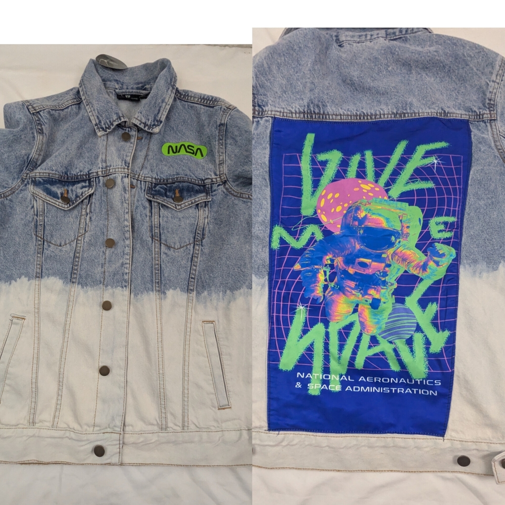 NASA Give Me Space  Women's Blue Jean Jacket Gradient Blue White Size Medium.